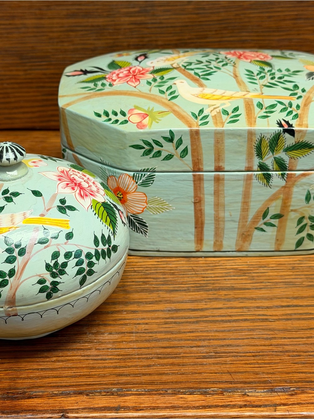 Anthropologie Hand-Painted Floral & Bird Wood Box Set in Mint Green and Floral